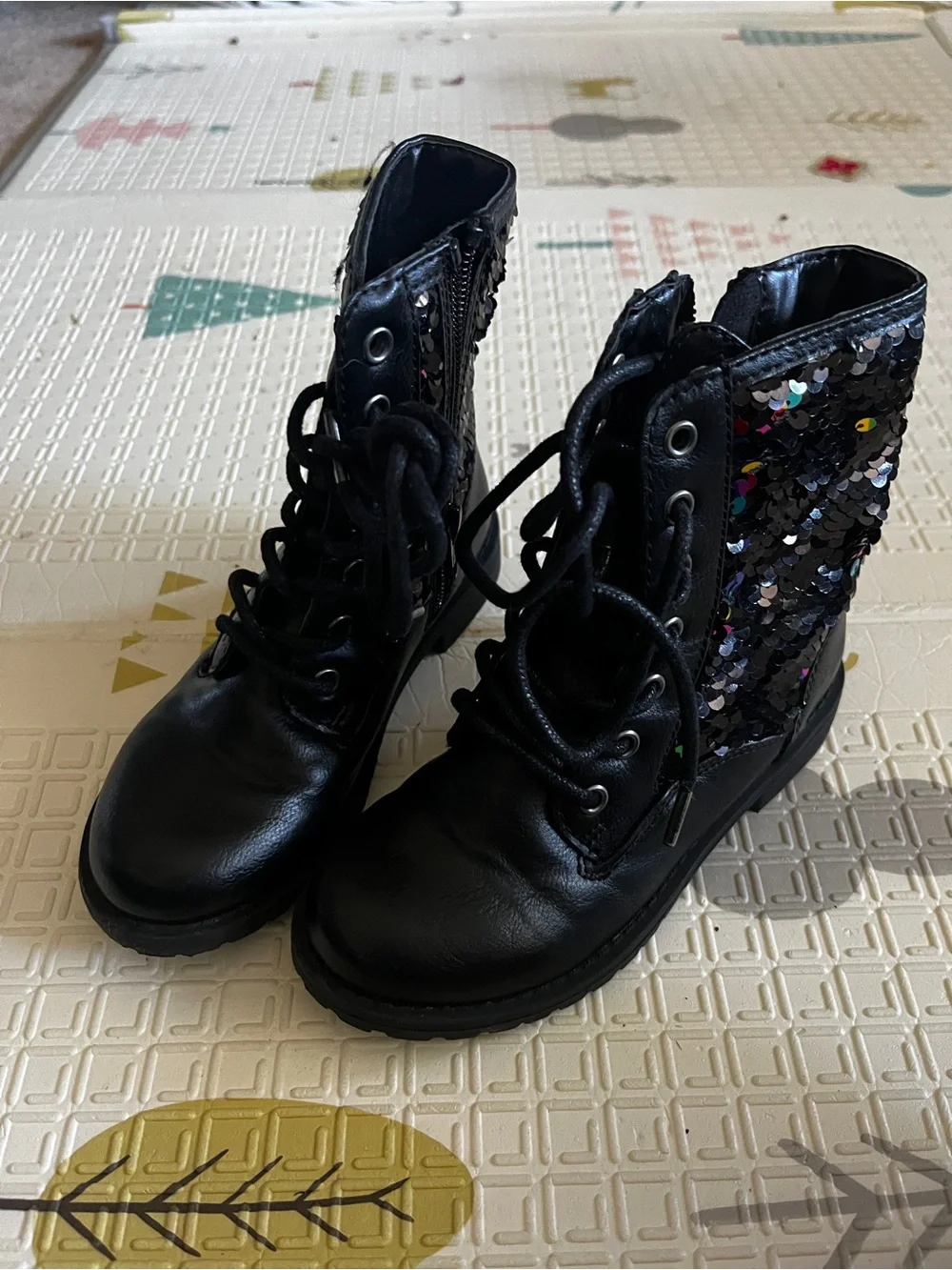 Kids Black Sequin Combat Boots